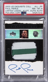 2003-04 UD "Exquisite Collection" Limited Logos #PP Paul Pierce Signed Patch Card (#52/75) - PSA NM-MT 8, PSA/DNA Authentic
